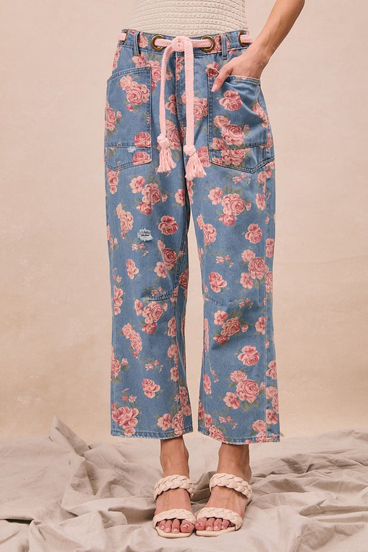 Braided Waist Belt Patch Pockets Floral Print Deni