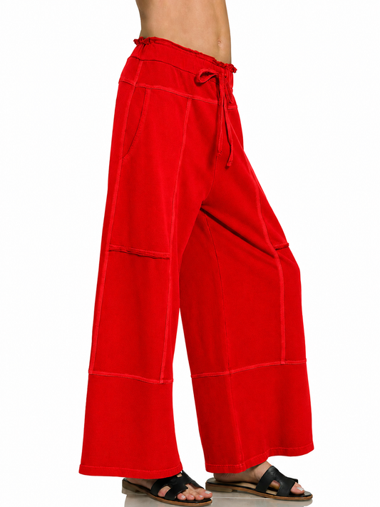 French Terry Washed Exposed-seam Wide Leg Pants RUBY