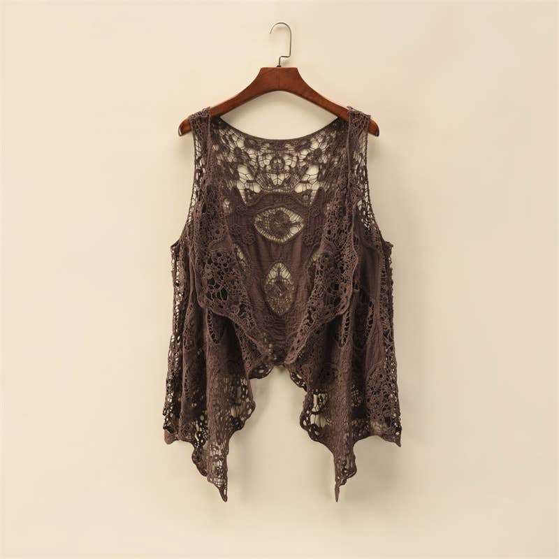 Sleeveless Hollow Jacquard Lace Cardigan: BROWN