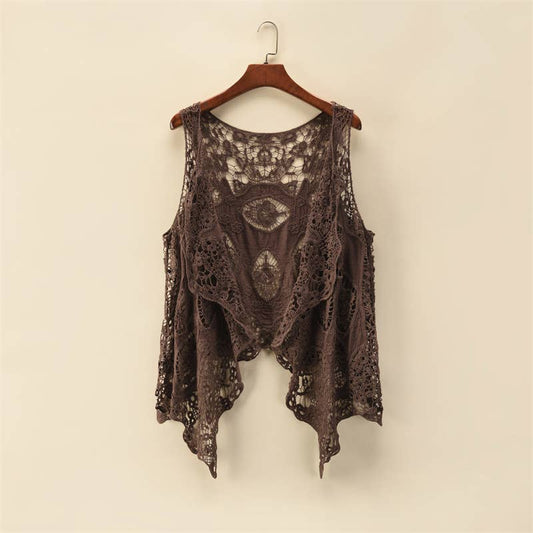 Sleeveless Hollow Jacquard Lace Cardigan: BROWN