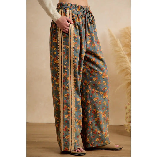 Washed Floral Denim Side Lace Trim Elastic Pants
