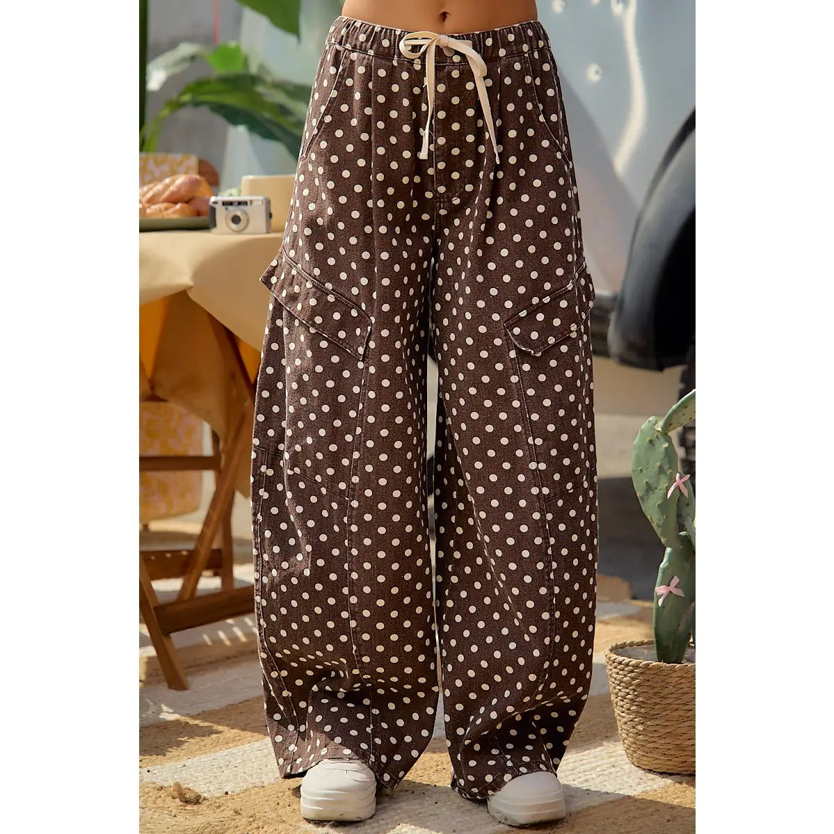 Brown Polka Dot Wide Leg Cargo Pants