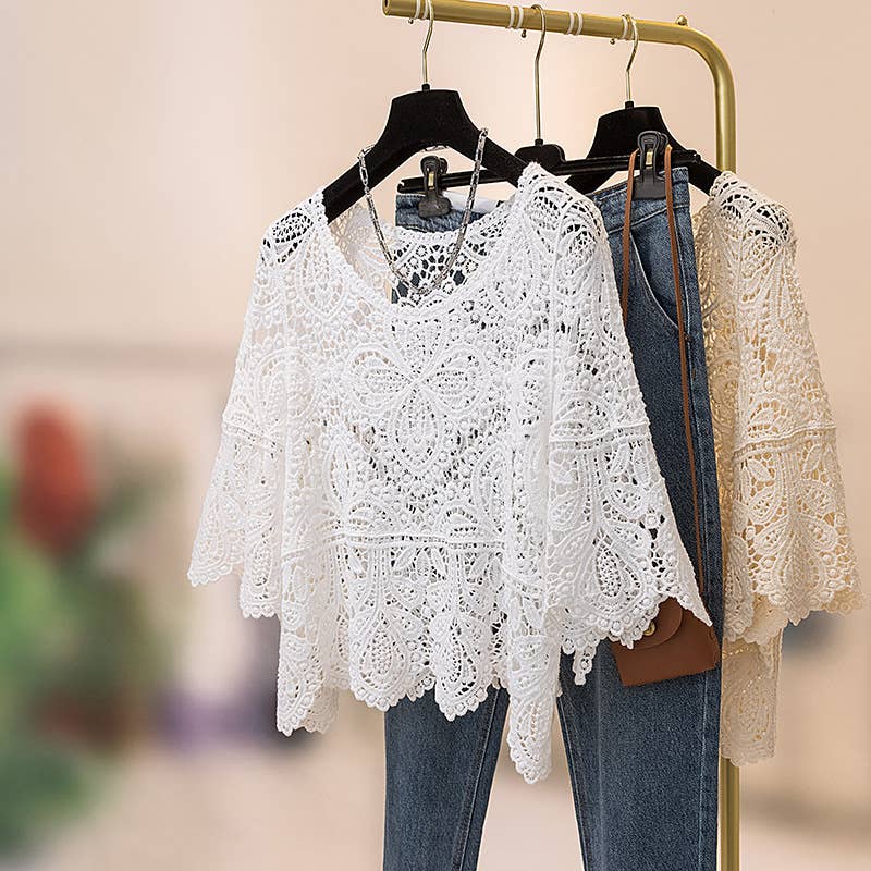 Bohemia Ecru Crochet Lace bell flare sleeve tee top cover up: White / M