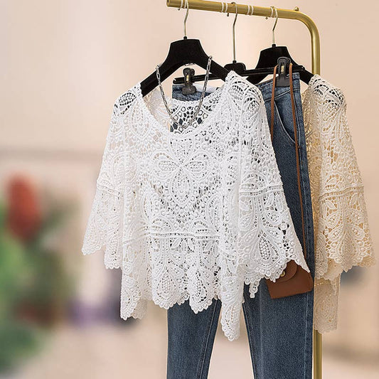 Bohemia Ecru Crochet Lace bell flare sleeve tee top cover up: White / M