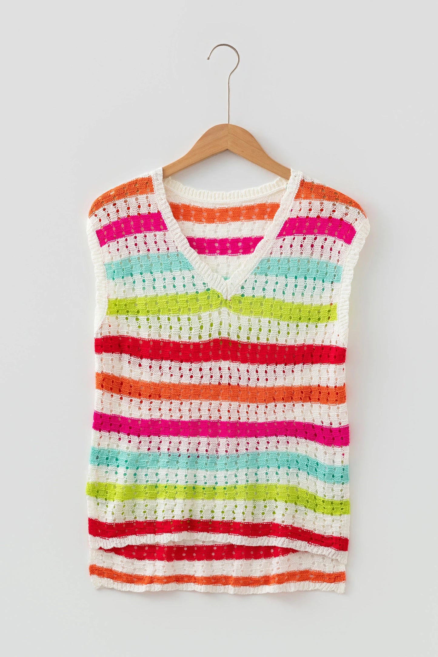 Multicolour Striped Eyelet Knit V Neck Sweater Tee