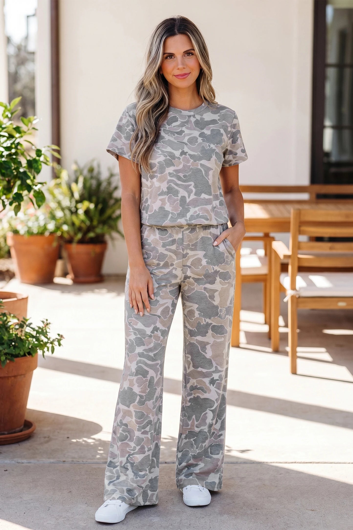 Camouflage Short Sleeve Top and High Waist Wide Leg Pants Set