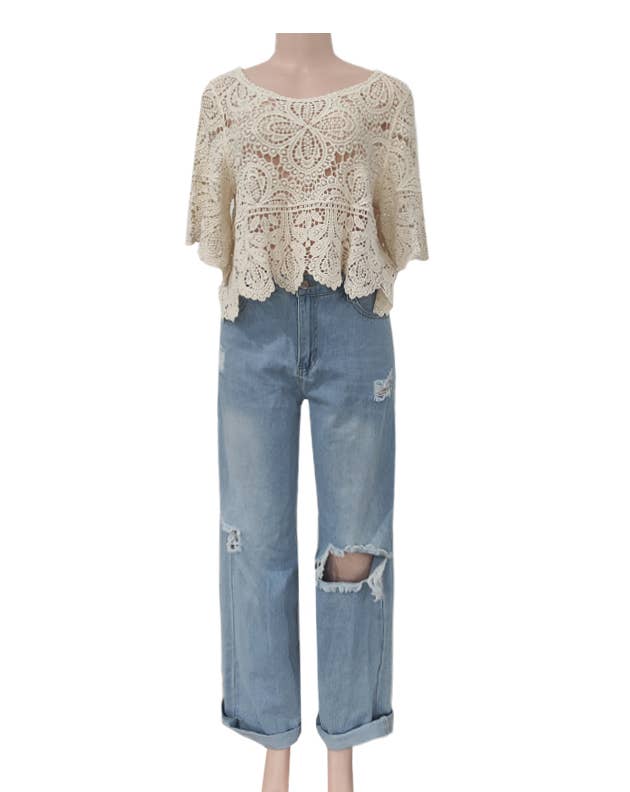 Bohemia Ecru Crochet Lace bell flare sleeve tee top cover up: White / M
