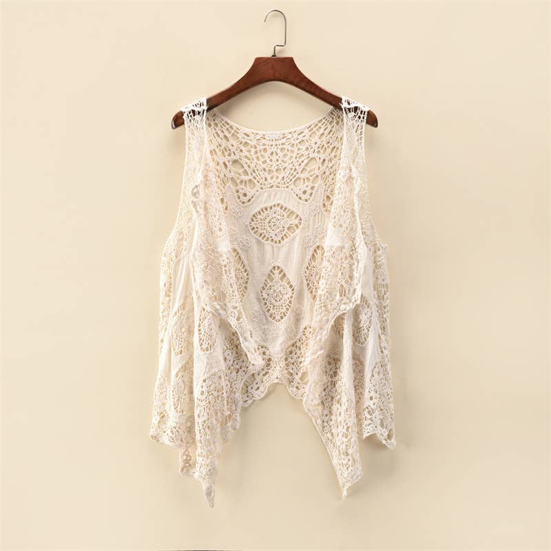 Sleeveless Hollow Jacquard Lace Cardigan: Khaki