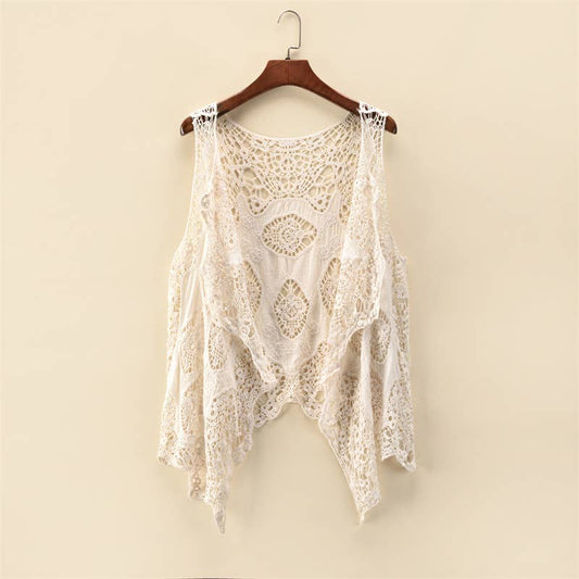 Sleeveless Hollow Jacquard Lace Cardigan: Khaki