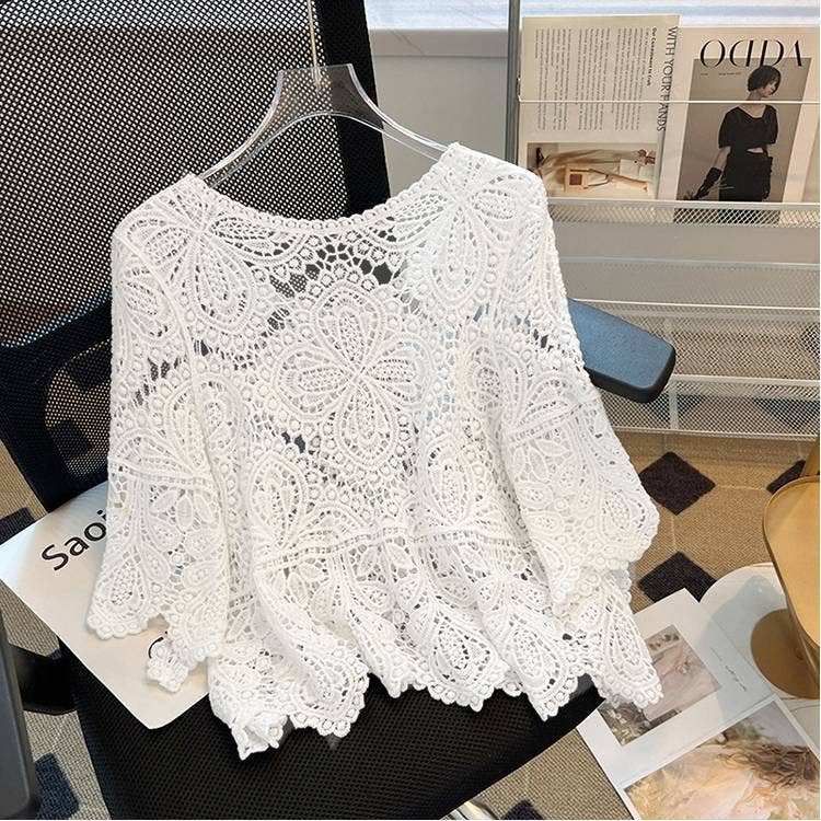 Bohemia Ecru Crochet Lace bell flare sleeve tee top cover up: White / M