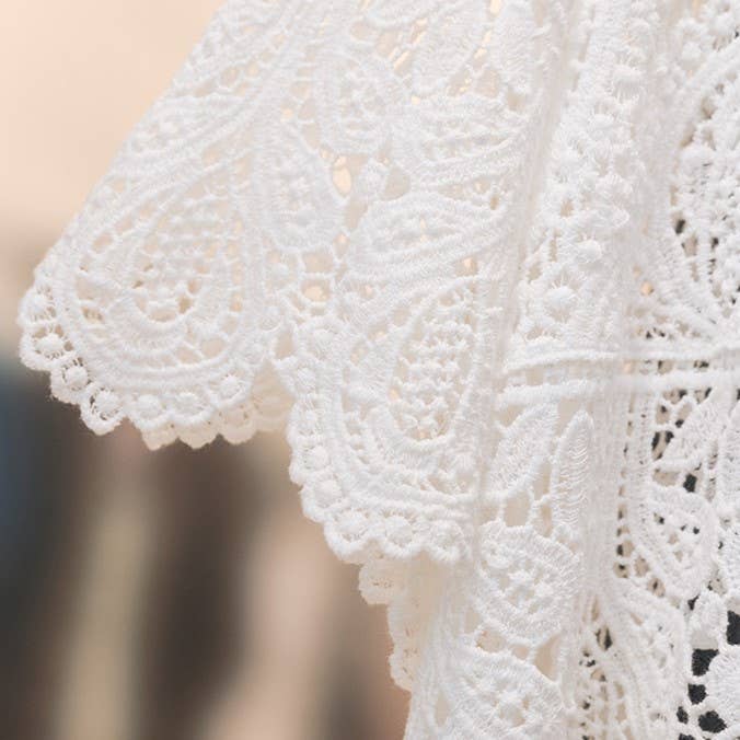 Bohemia Ecru Crochet Lace bell flare sleeve tee top cover up: White / M