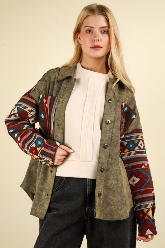 Aztec Graphic Oversized Button Down Shacket Jacket