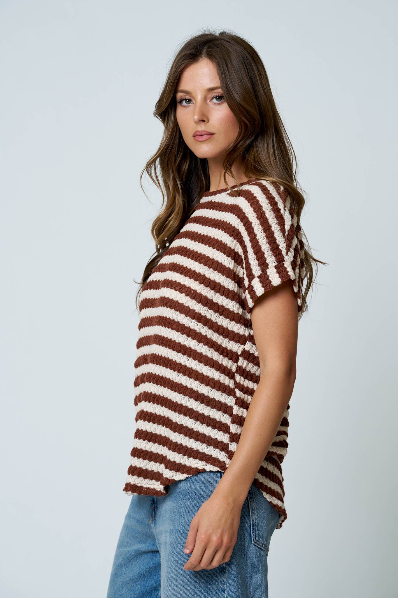TEXTURED STRIPE ROUND NECK DOLMAN SLEEVE KNIT TOP: BROWN