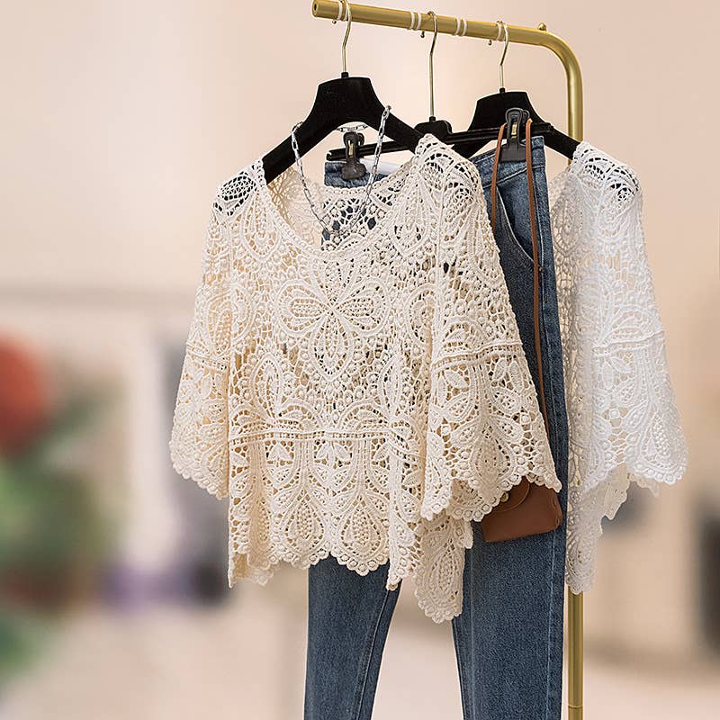 Bohemia Ecru Crochet Lace bell flare sleeve tee top cover up: White / M