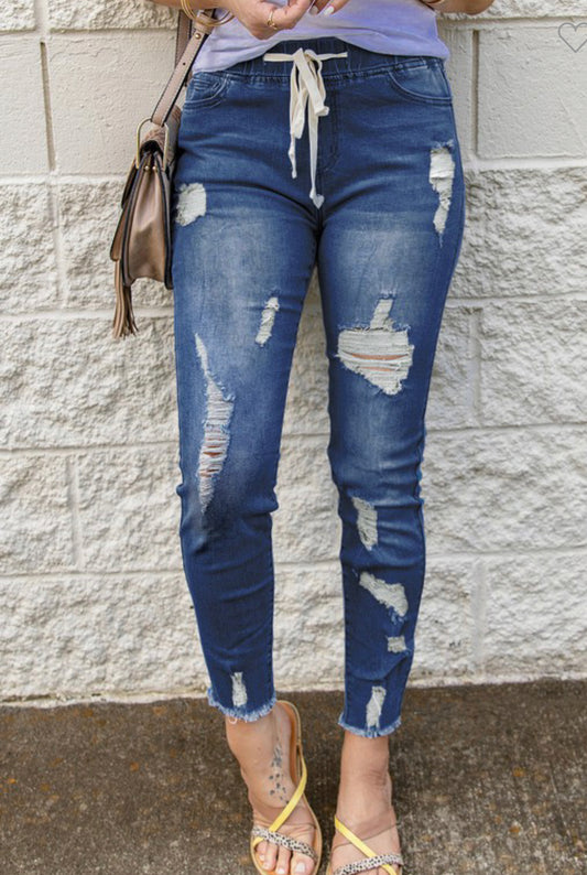 Distressed Draw String Jeans