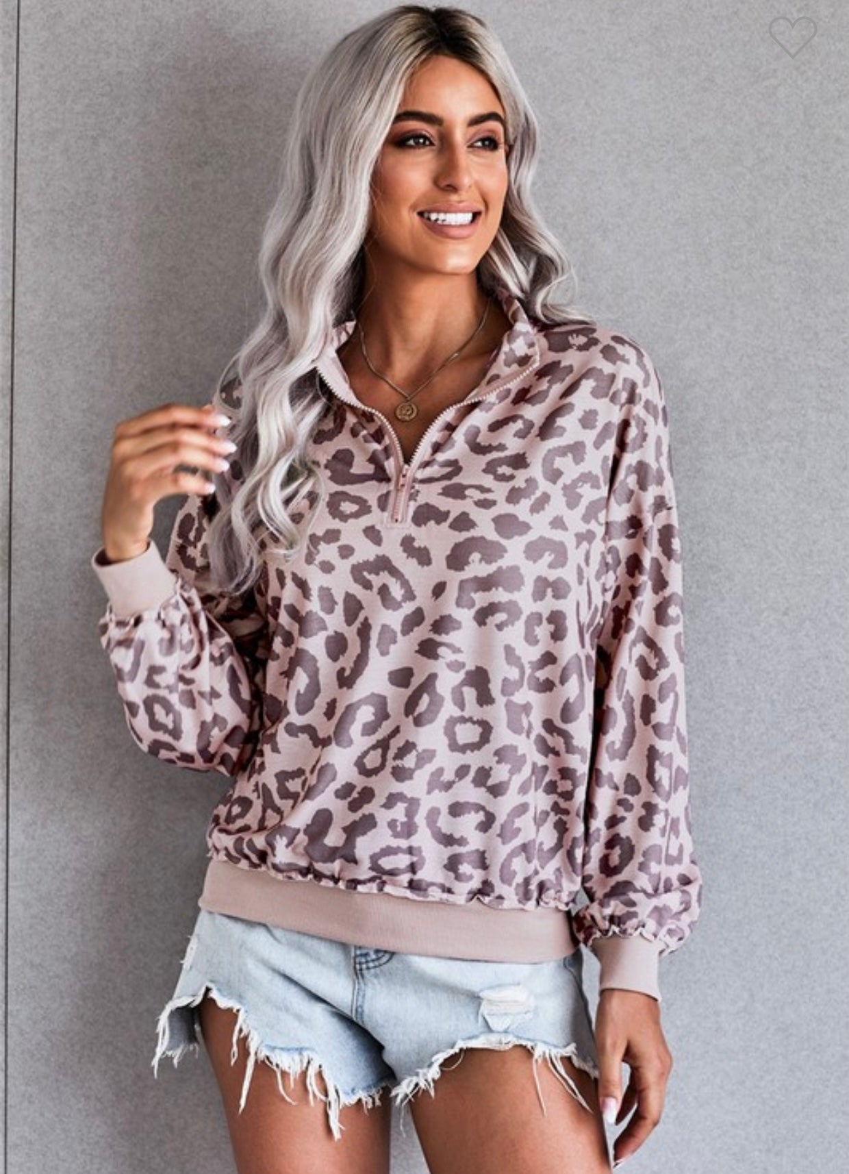 LEOPARD ZIPPERED COLLAR LONG SLEEVE TOP