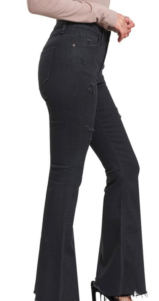 Black HiRise Raw Hem Flare Jeans